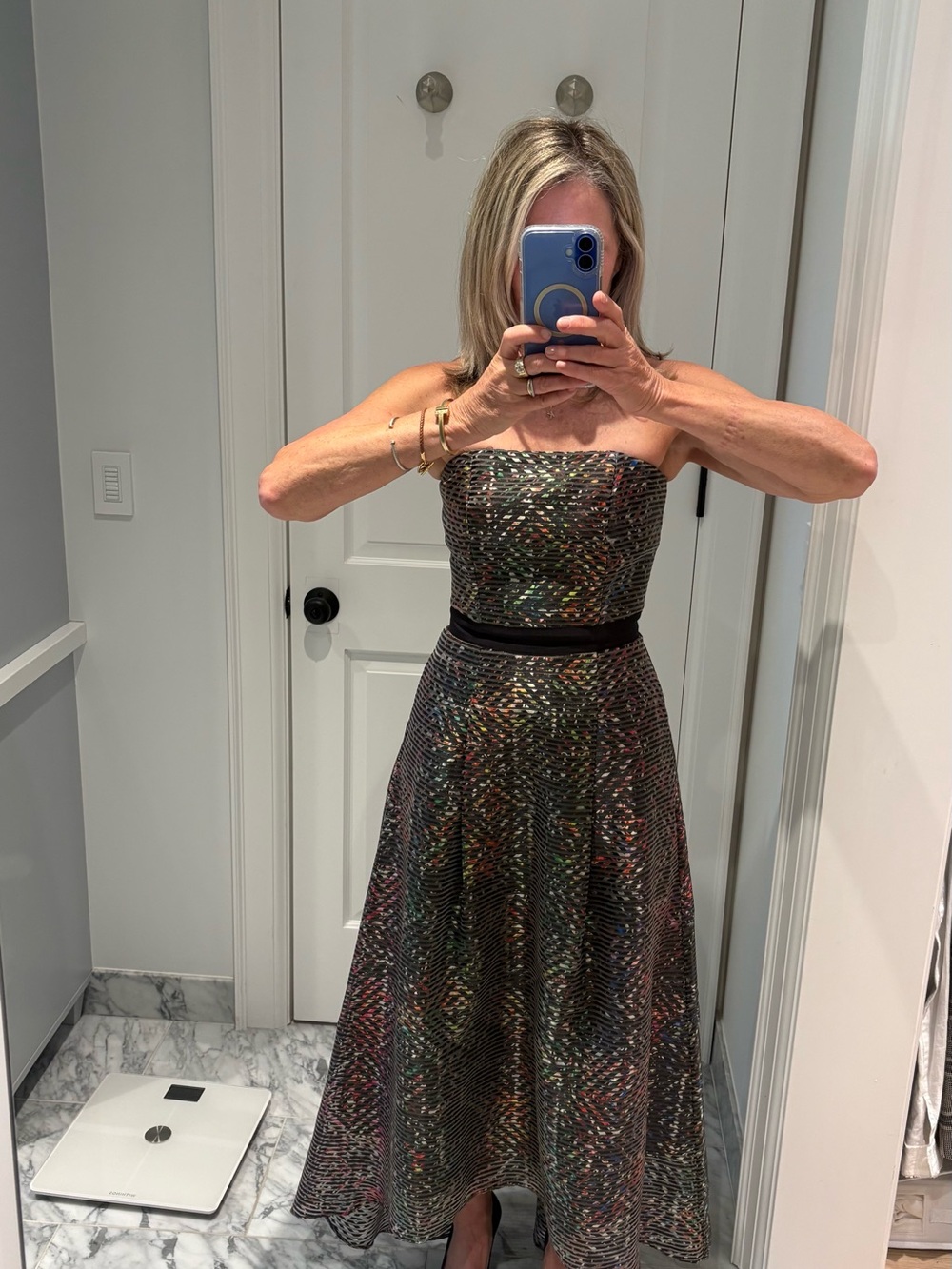 Sachin + Babi Strapless Metallic Black Multicolor Midi Dress